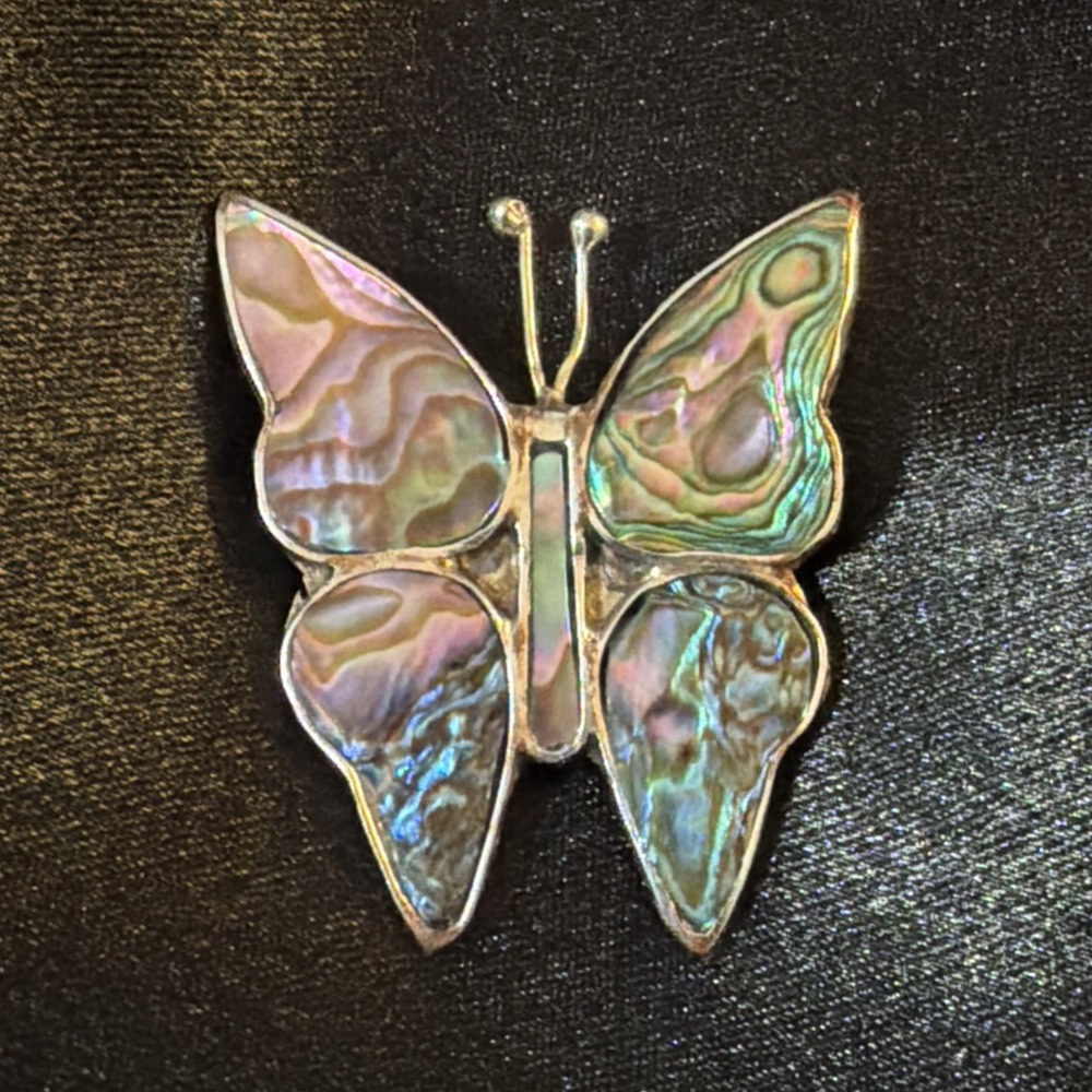 Vintage Alpaca Mexico Abalone Shell Inlay Butterfly Brooch Pin Mexican Folk Art